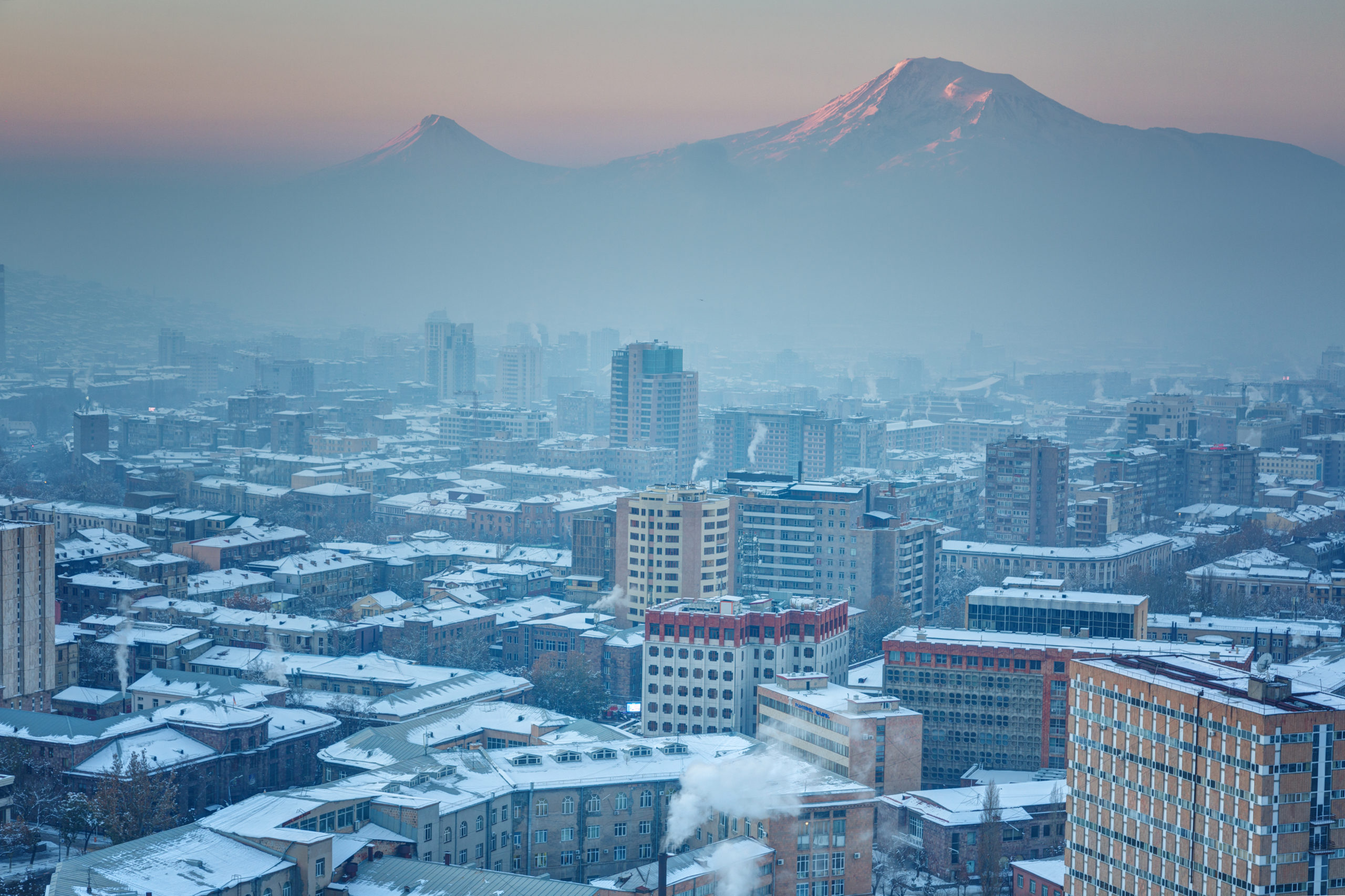 Yerevan,,Mountains,Big,And,Small,Ararat,At,Sunrise,In,Winter